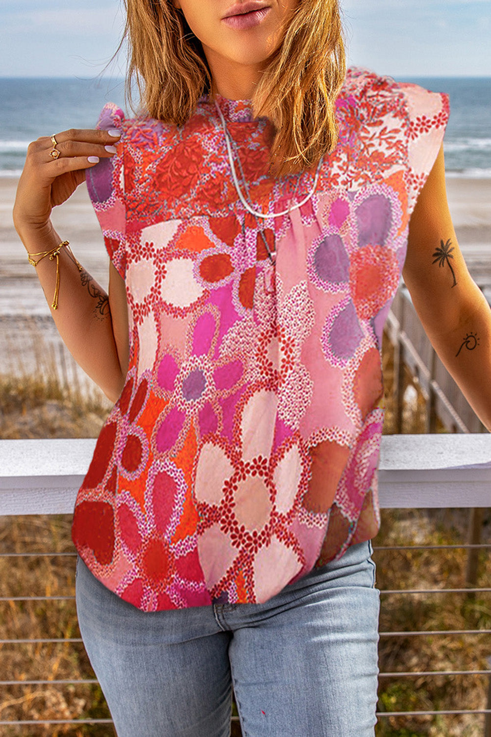 Purple Boho Flower Print Puff Short Sleeve Top