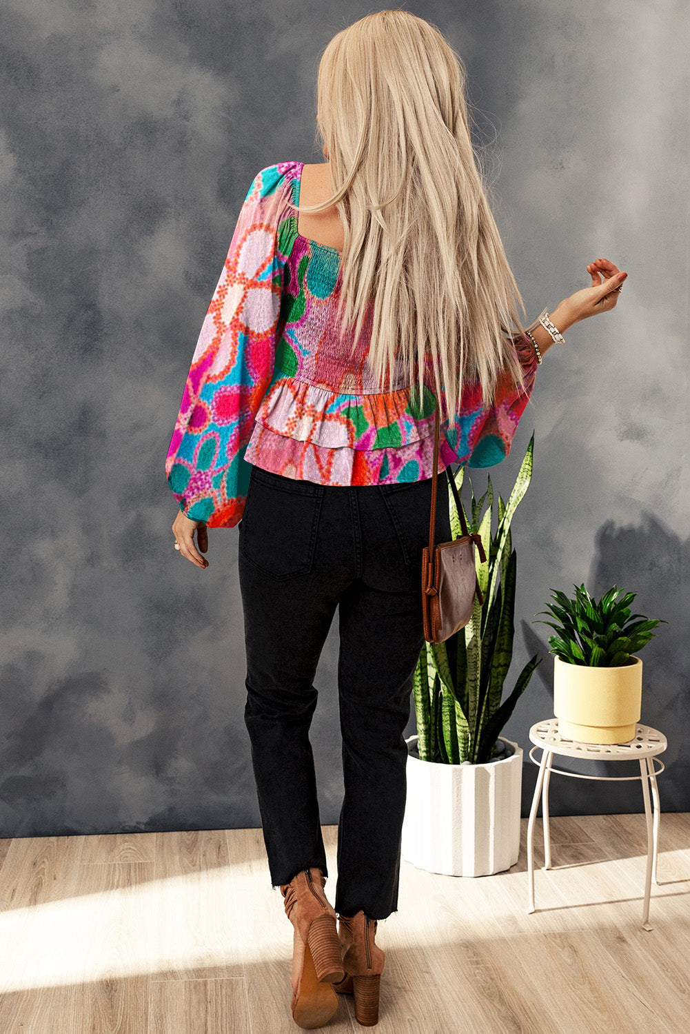 Purple Boho Flower Print Puff Short Sleeve Top