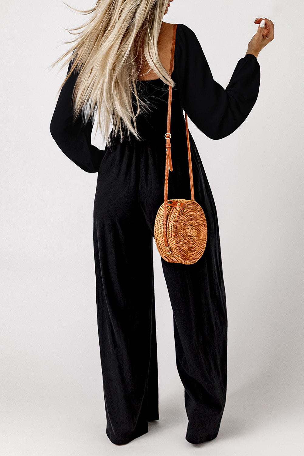 Black Smocked Sleeveless Wide Leg Jumpsuit with Pockets