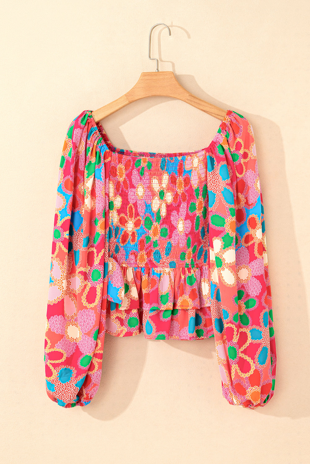 Purple Boho Flower Print Puff Short Sleeve Top