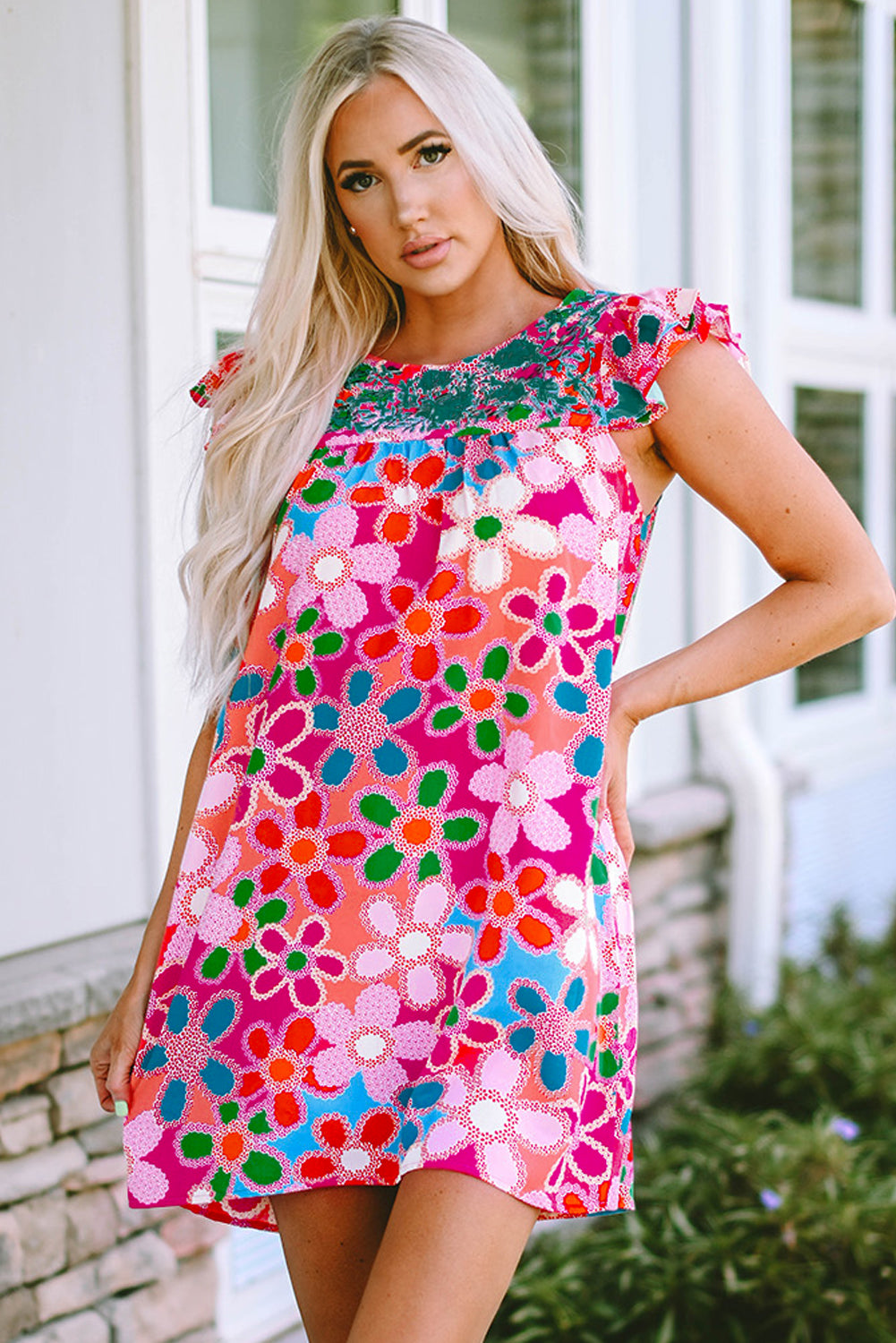 Purple Boho Flower Print Puff Short Sleeve Top