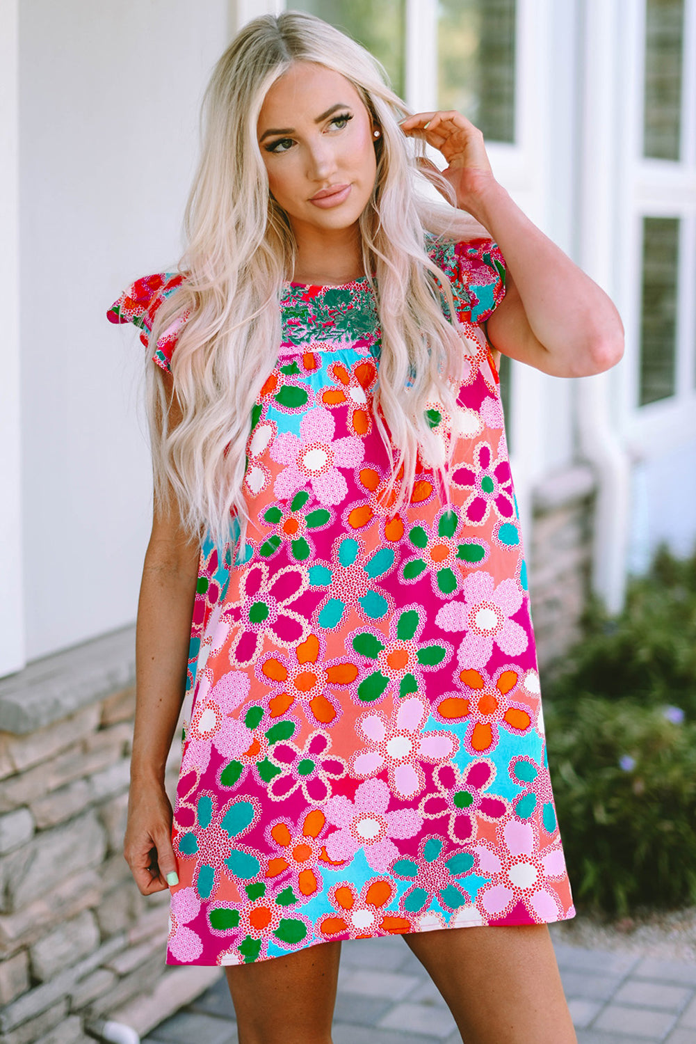 Purple Boho Flower Print Puff Short Sleeve Top