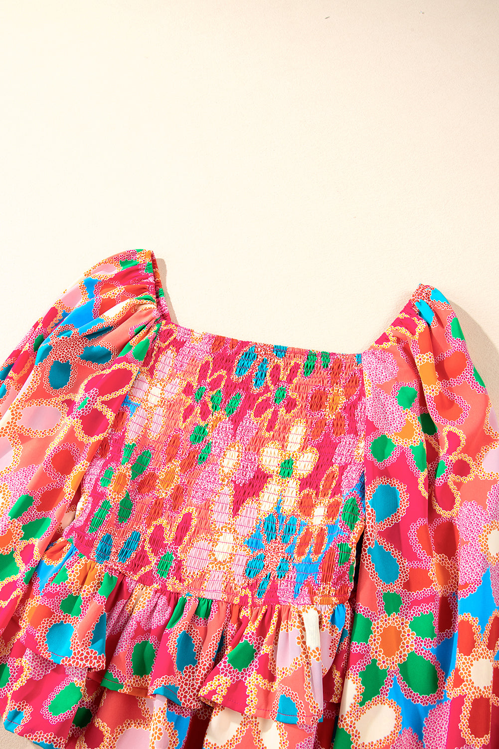 Purple Boho Flower Print Puff Short Sleeve Top