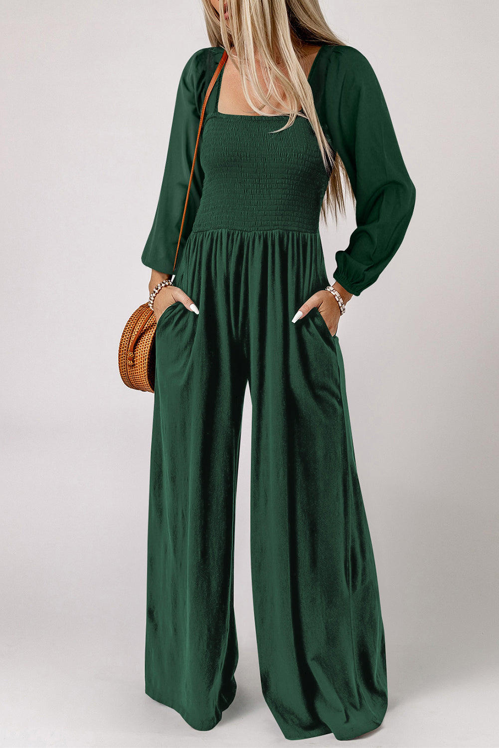 Black Smocked Sleeveless Wide Leg Jumpsuit with Pockets