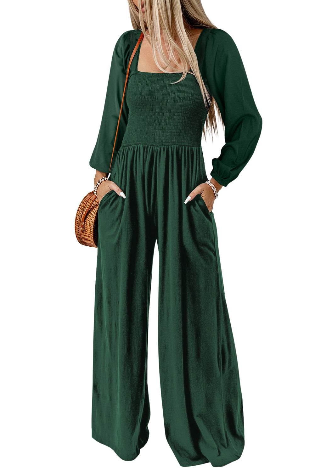 Black Smocked Sleeveless Wide Leg Jumpsuit with Pockets