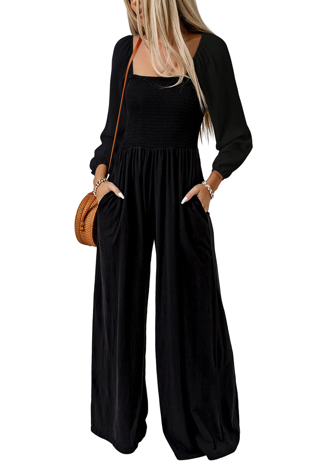 Black Smocked Sleeveless Wide Leg Jumpsuit with Pockets