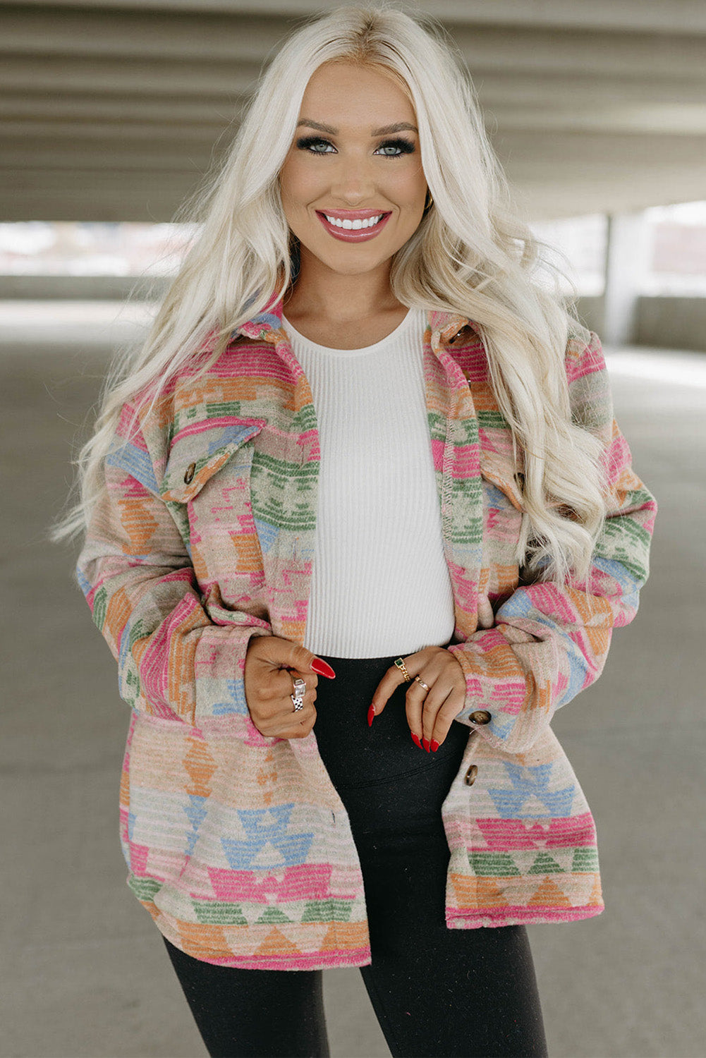 Multicolor Western Aztec Print Button Flap Pocket Shacket