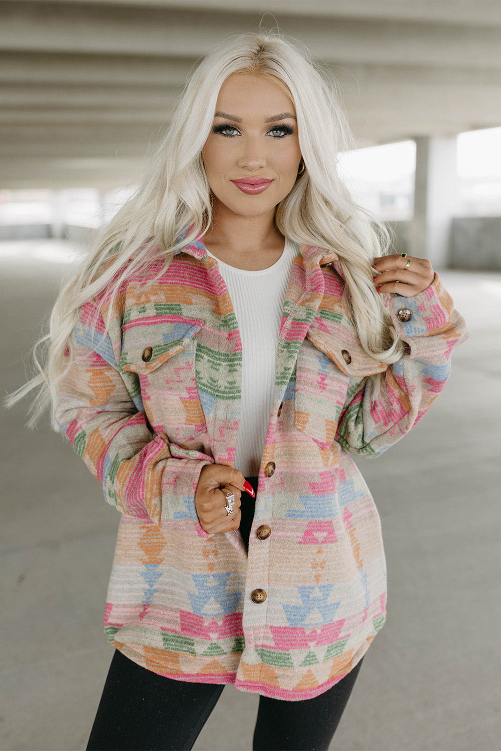 Multicolor Western Aztec Print Button Flap Pocket Shacket