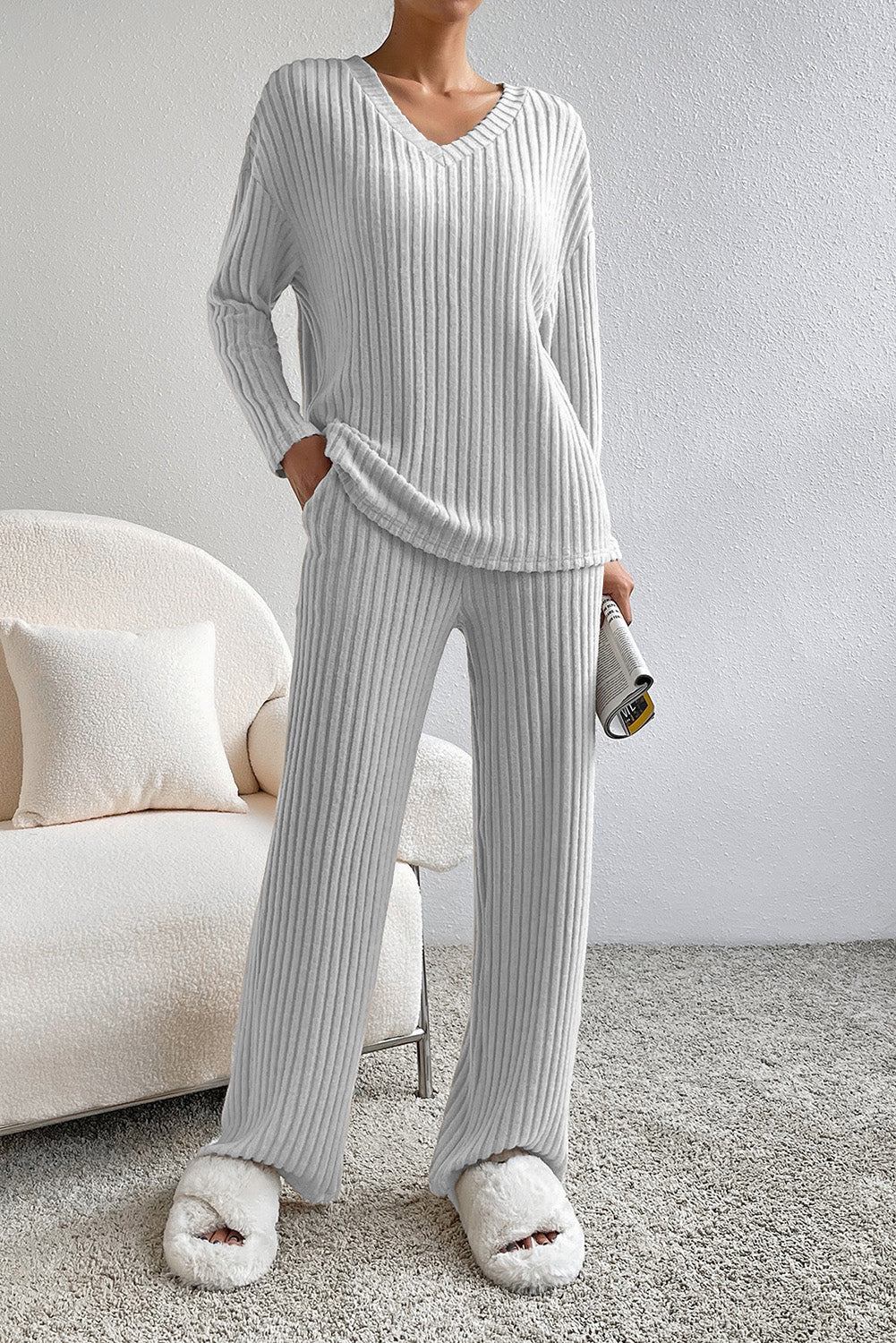 Apricot Plain Ribbed Loose Fit Two Piece Lounge Set