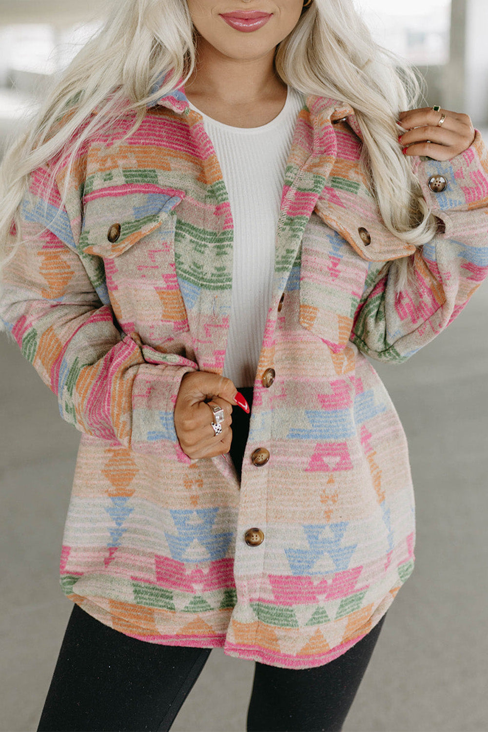 Multicolor Western Aztec Print Button Flap Pocket Shacket