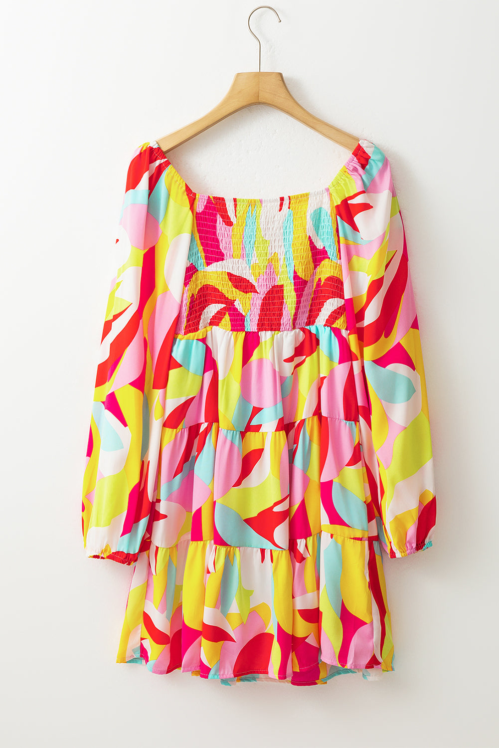 Multicolor Geometric Print Smocked Babydoll Mini Dress