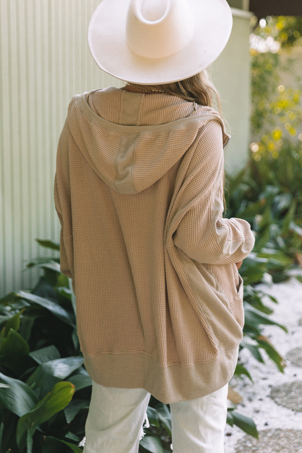 Khaki Thermal Waffle Knit Full Zipper Hooded Jacket