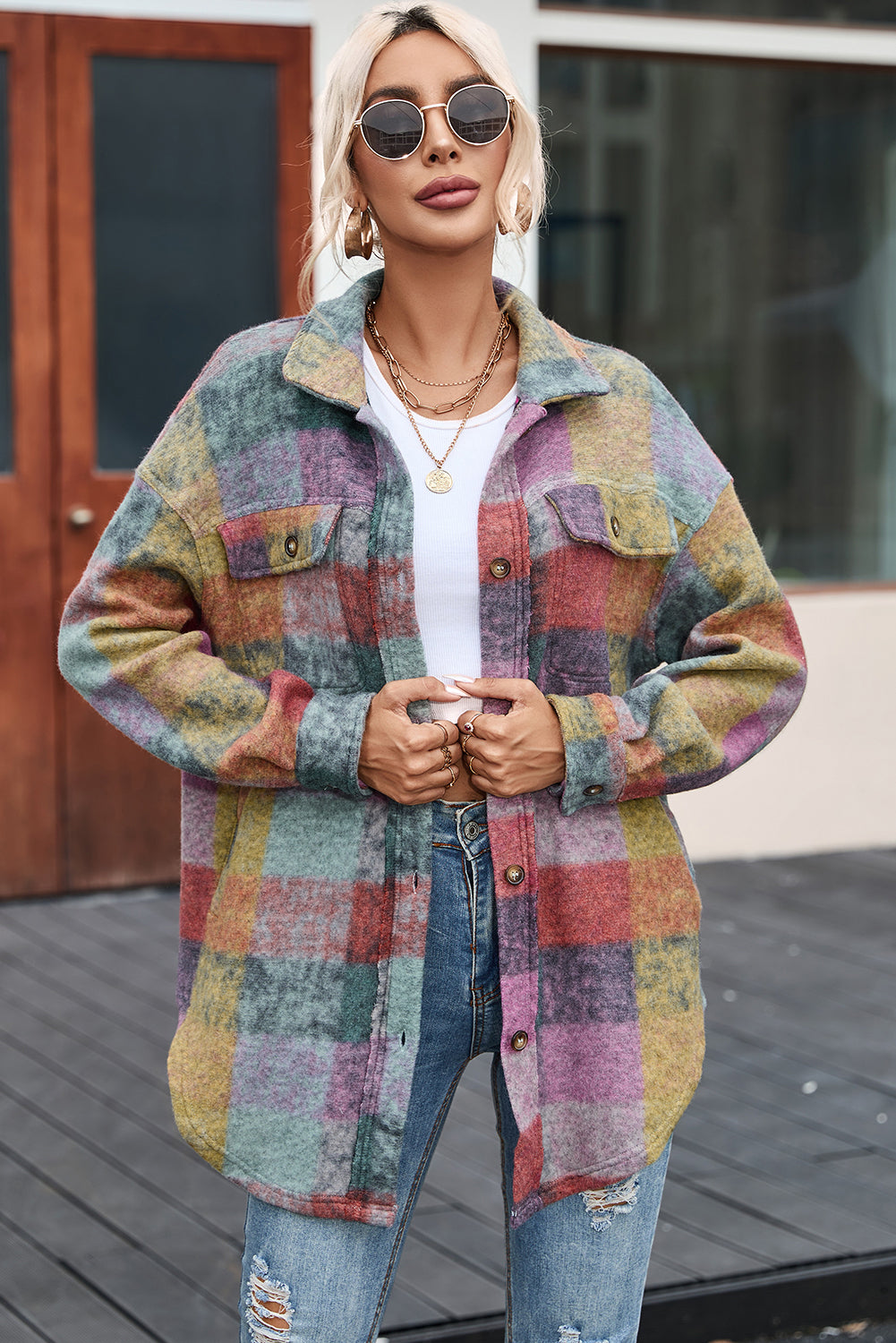 Multicolor Brushed Checked Western Buttoned Jacket