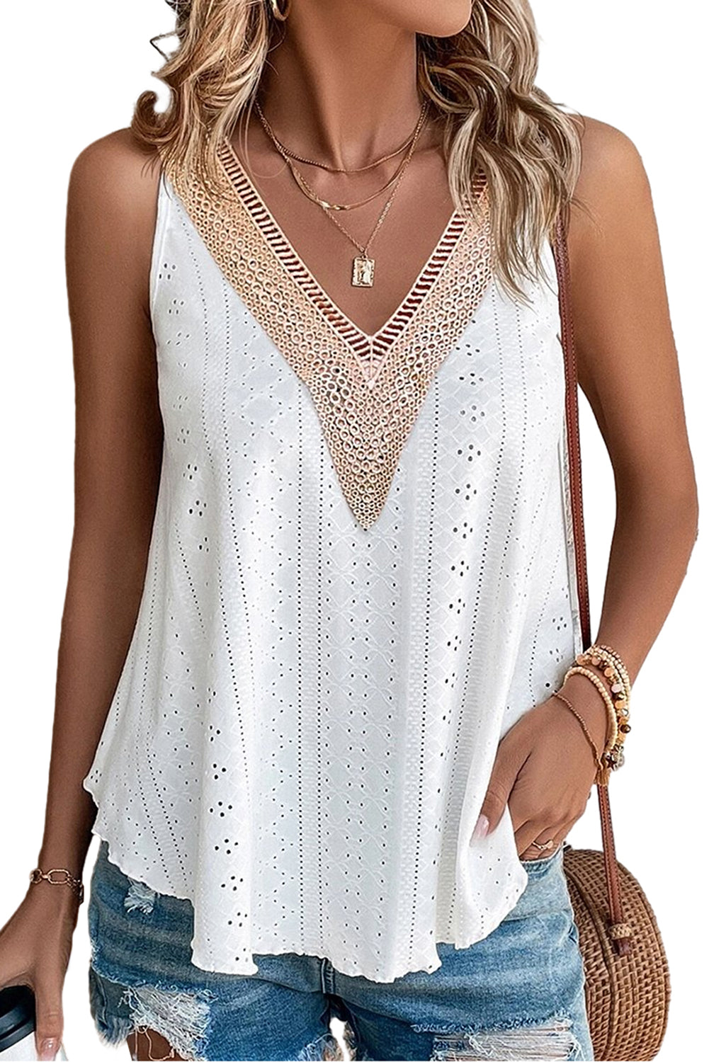 Black Eyelet Strappy Scoop-Neck Tank Top