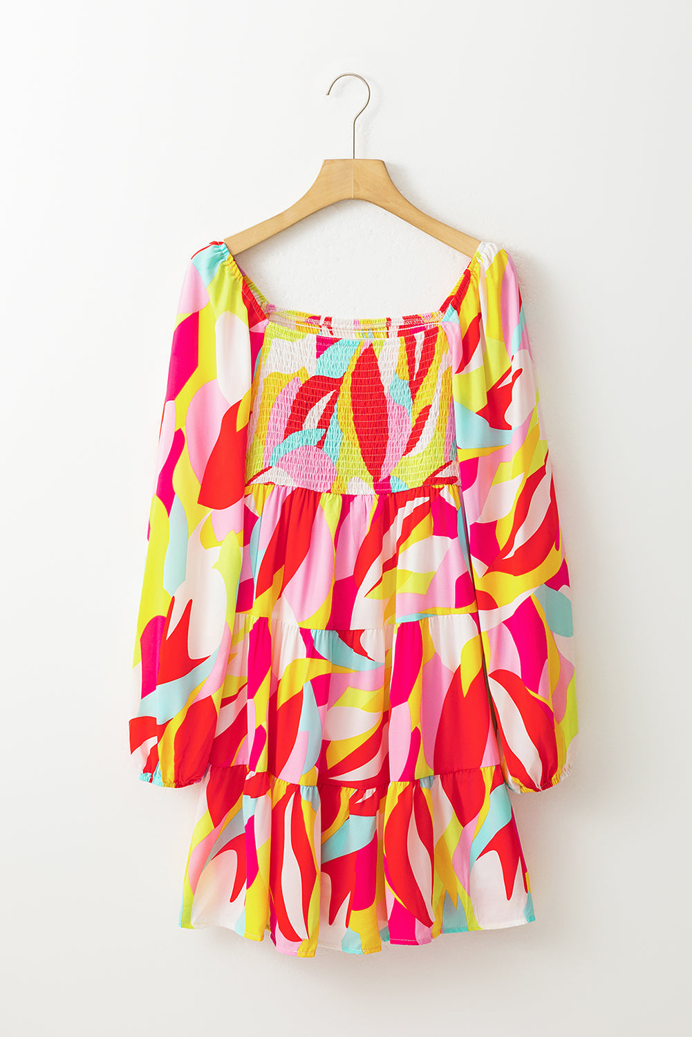 Multicolor Geometric Print Smocked Babydoll Mini Dress