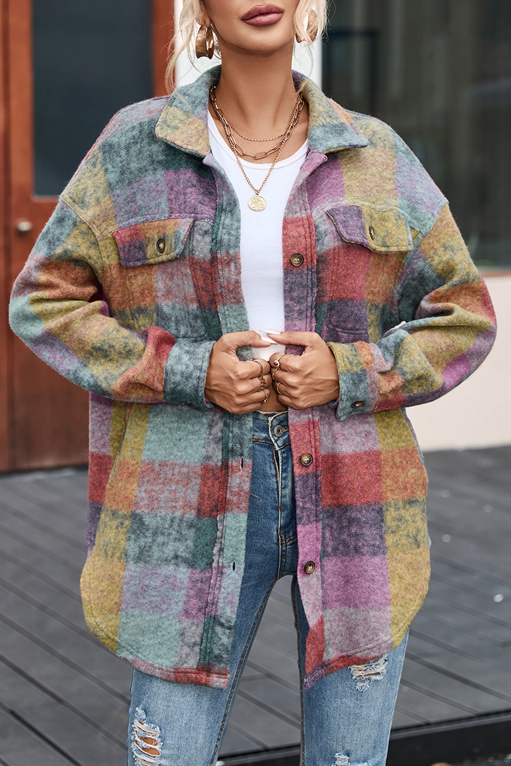 Multicolor Brushed Checked Western Buttoned Jacket