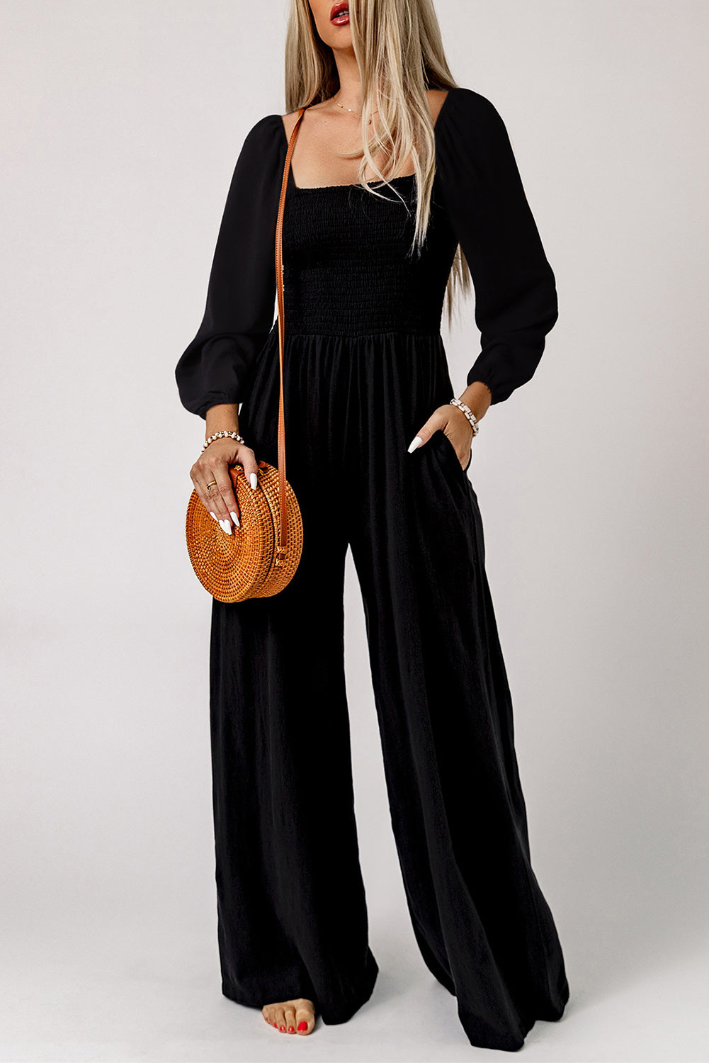 Black Smocked Sleeveless Wide Leg Jumpsuit with Pockets
