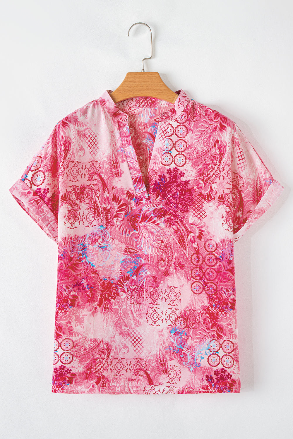 Pink Floral Print Loose Fit V Neck T Shirt