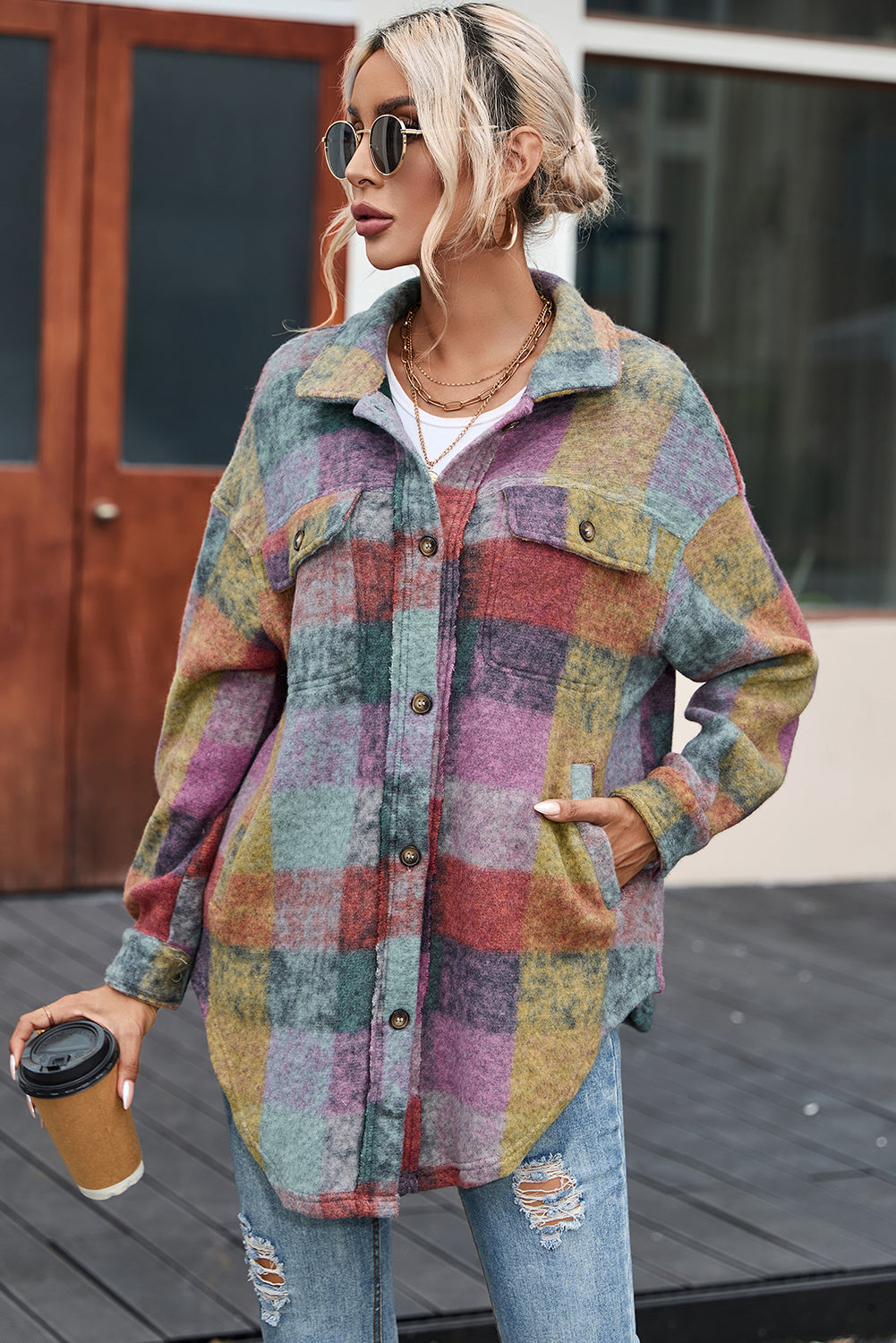 Multicolor Brushed Checked Western Buttoned Jacket