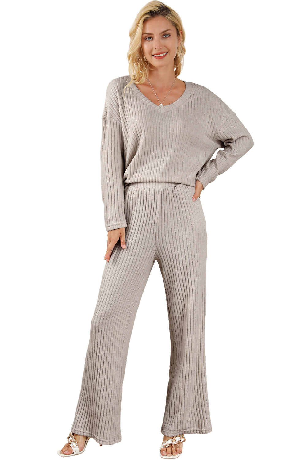 Apricot Plain Ribbed Loose Fit Two Piece Lounge Set