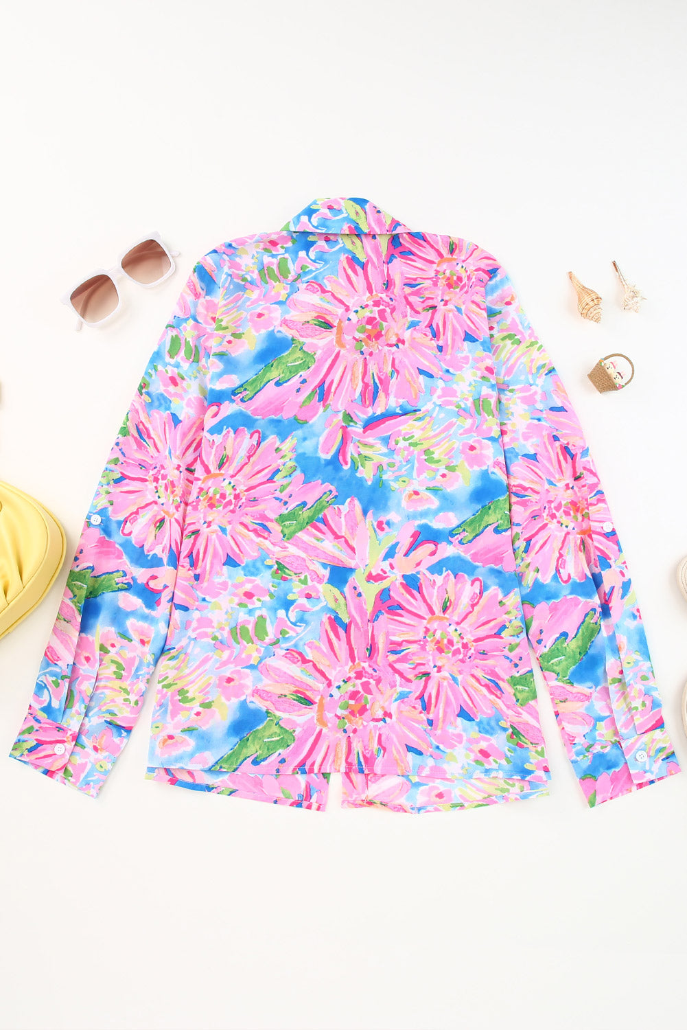 Pink Floral Print Loose Fit V Neck T Shirt