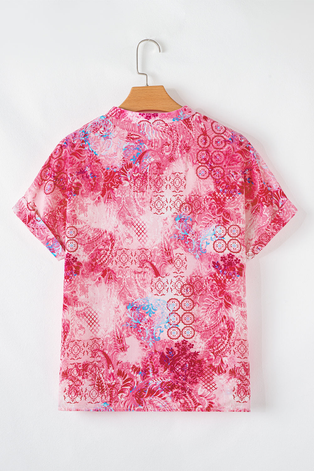 Pink Floral Print Loose Fit V Neck T Shirt