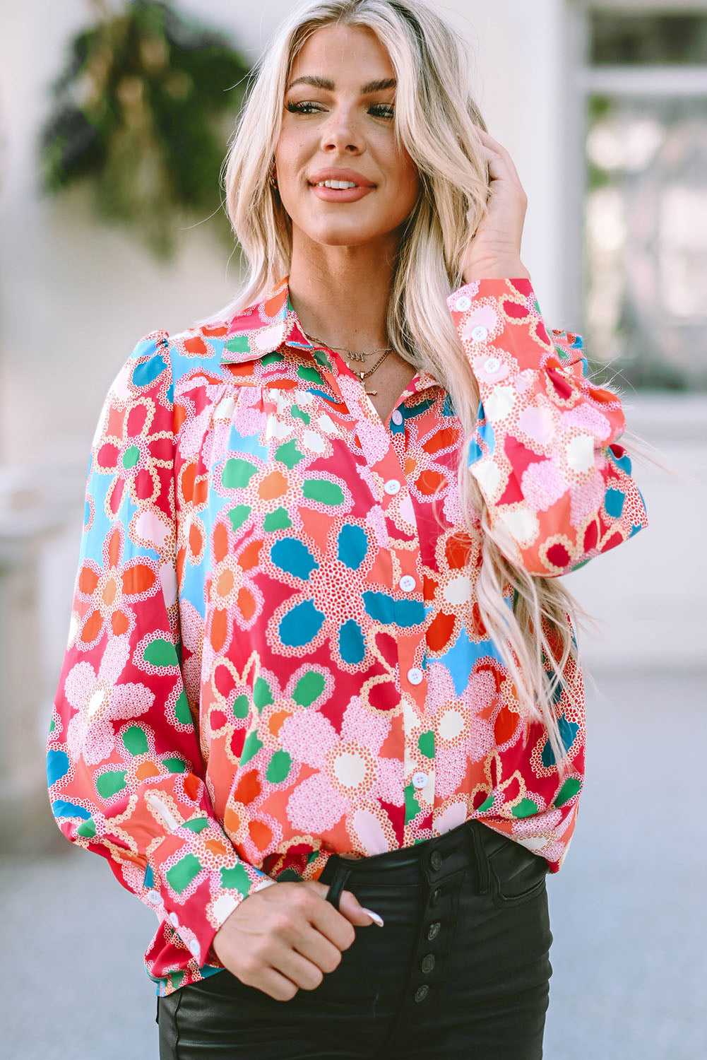 Purple Boho Flower Print Puff Short Sleeve Top