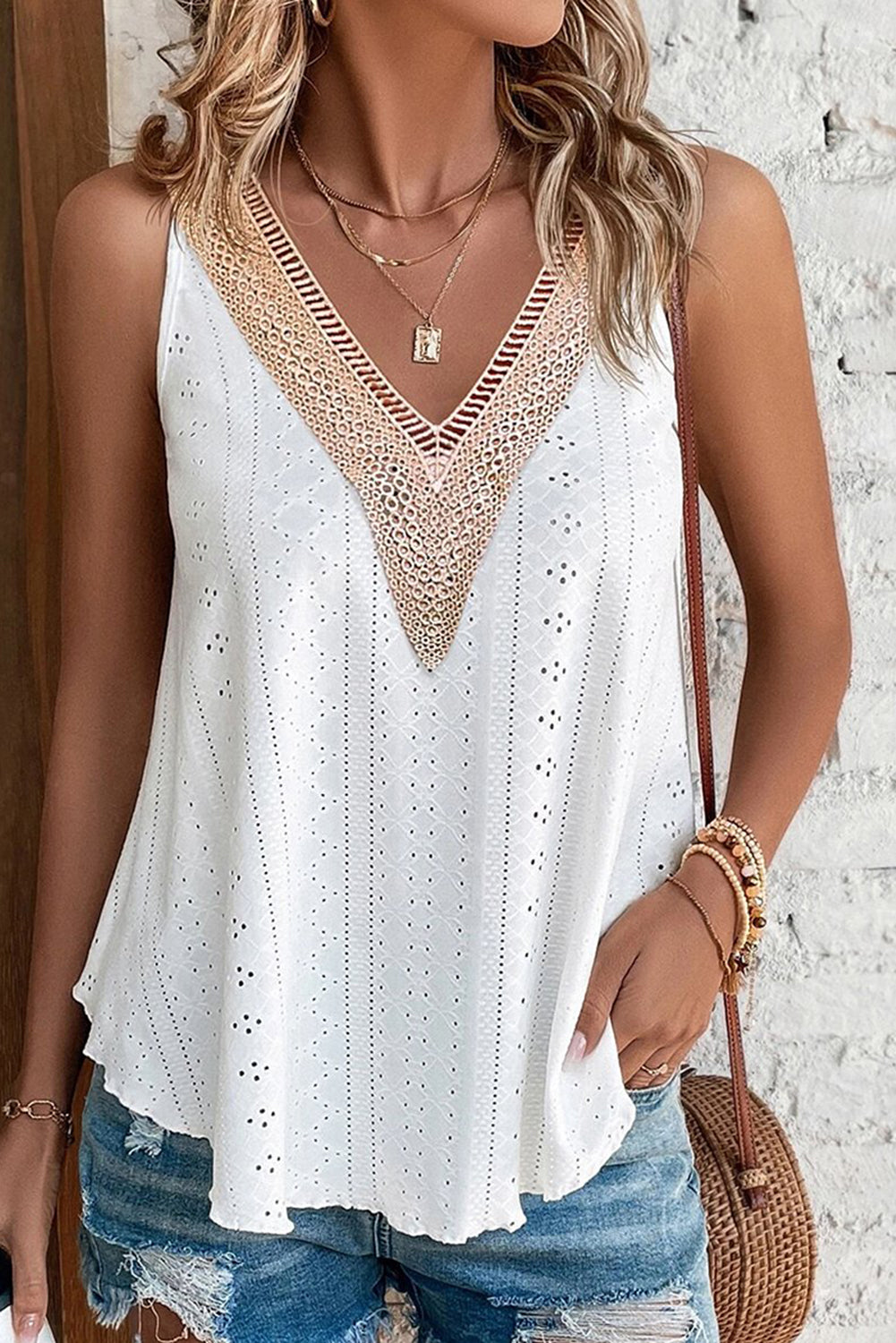 Black Eyelet Strappy Scoop-Neck Tank Top