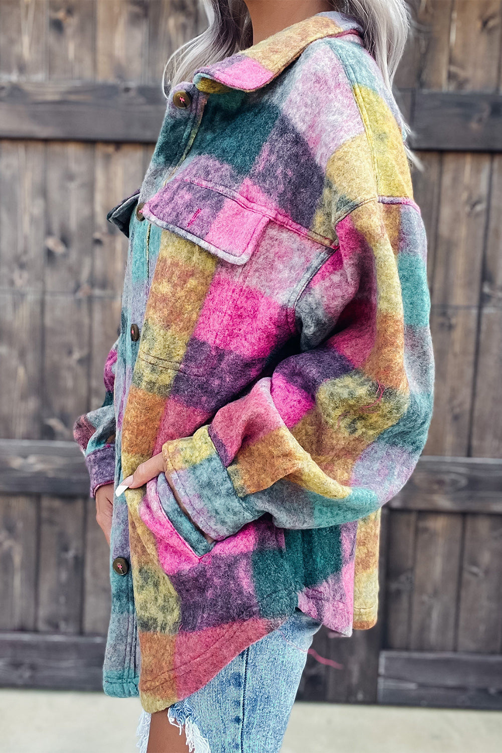 Multicolor Brushed Checked Western Buttoned Jacket