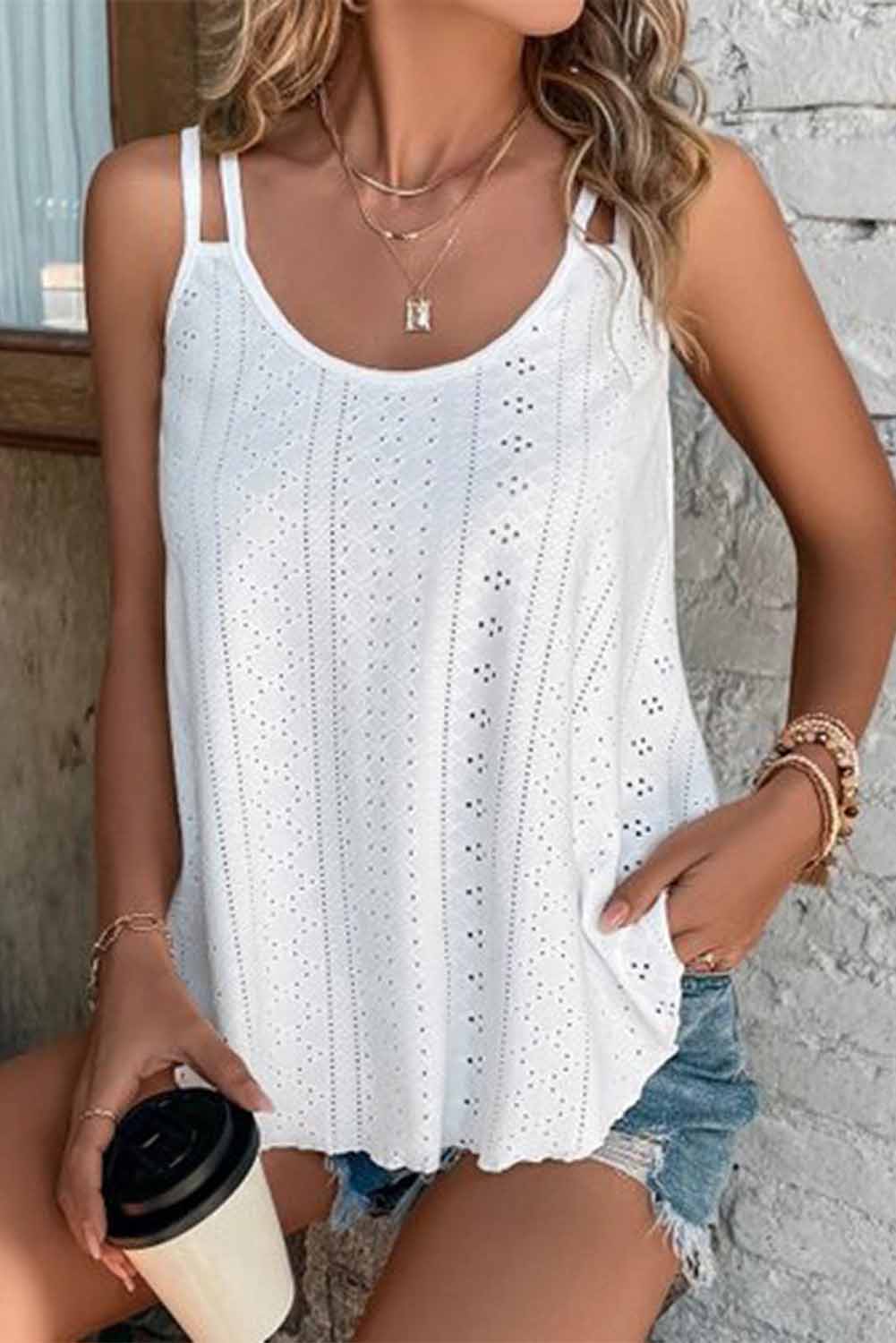Black Eyelet Strappy Scoop-Neck Tank Top