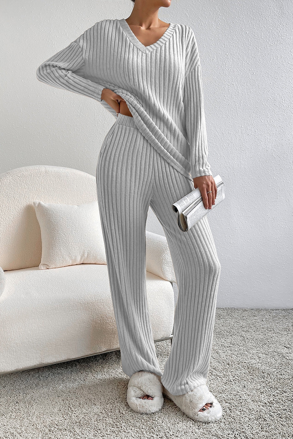 Apricot Plain Ribbed Loose Fit Two Piece Lounge Set
