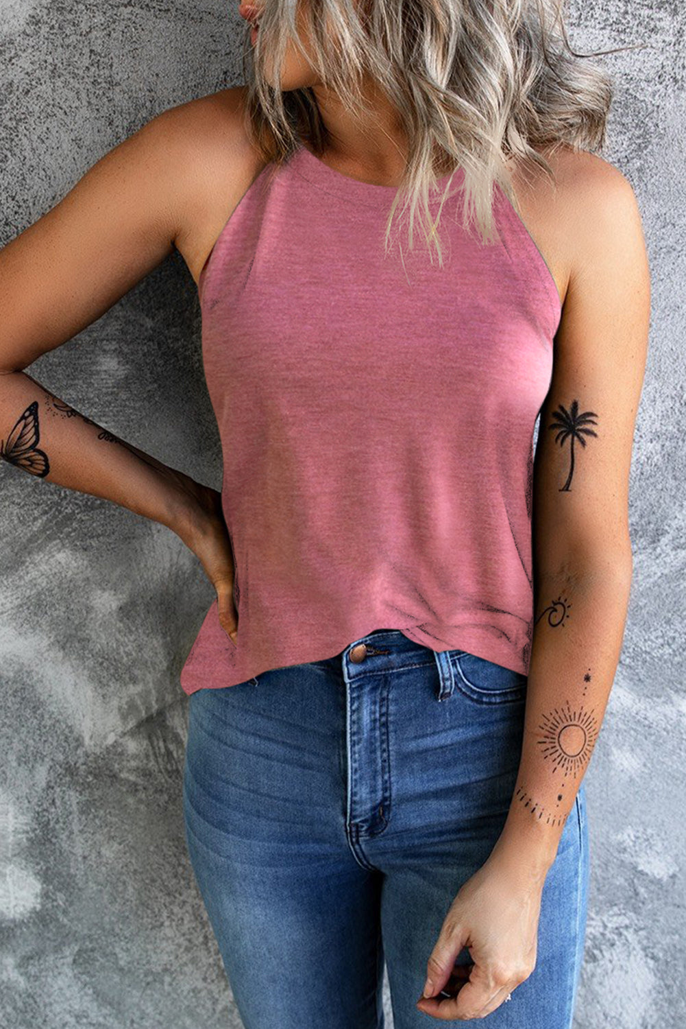 Pink Solid Color Crew Neck Tank Top