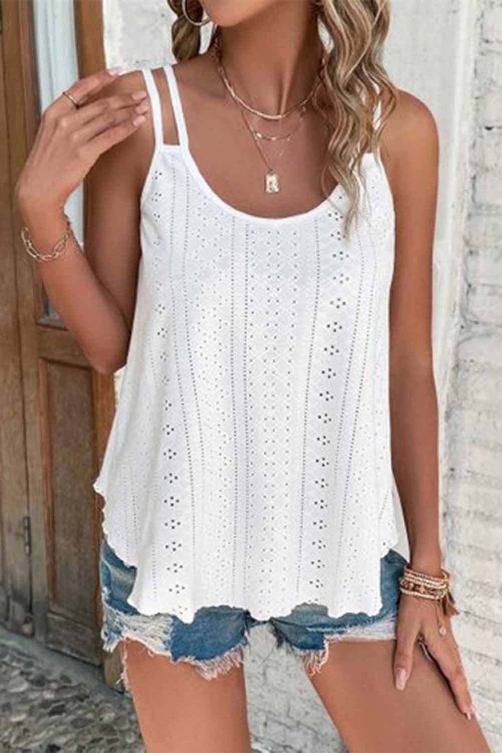 Black Eyelet Strappy Scoop-Neck Tank Top