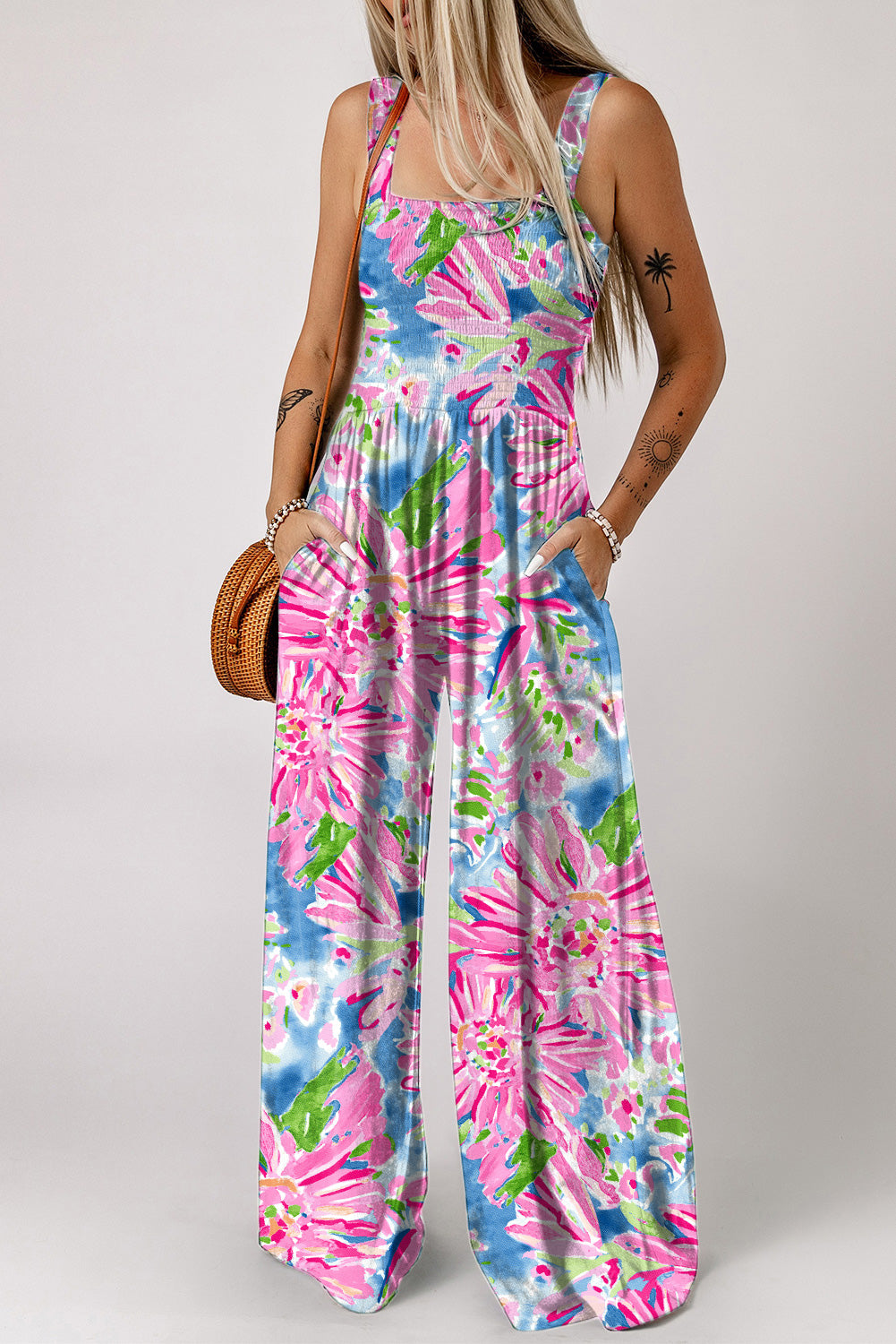 Black Smocked Sleeveless Wide Leg Jumpsuit with Pockets