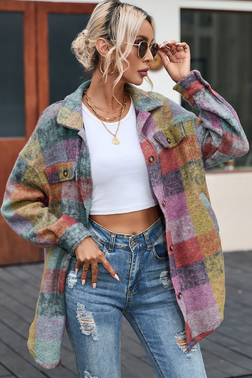 Multicolor Brushed Checked Western Buttoned Jacket