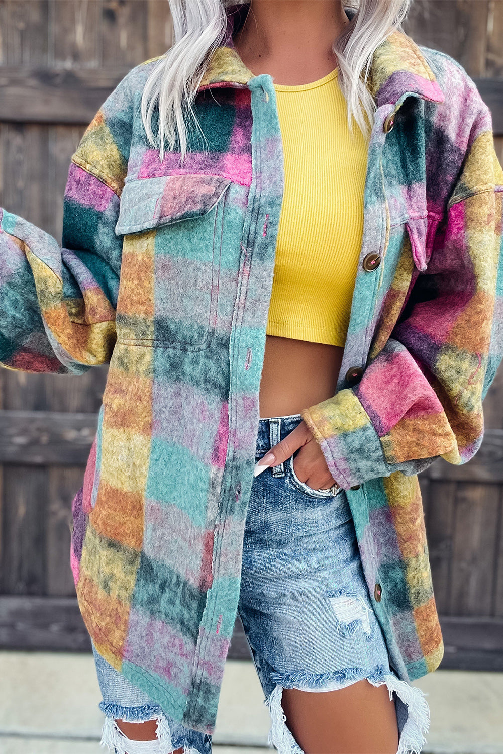Multicolor Brushed Checked Western Buttoned Jacket