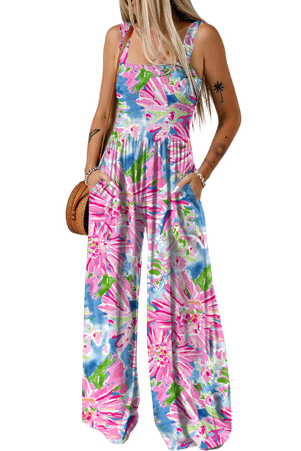 Black Smocked Sleeveless Wide Leg Jumpsuit with Pockets