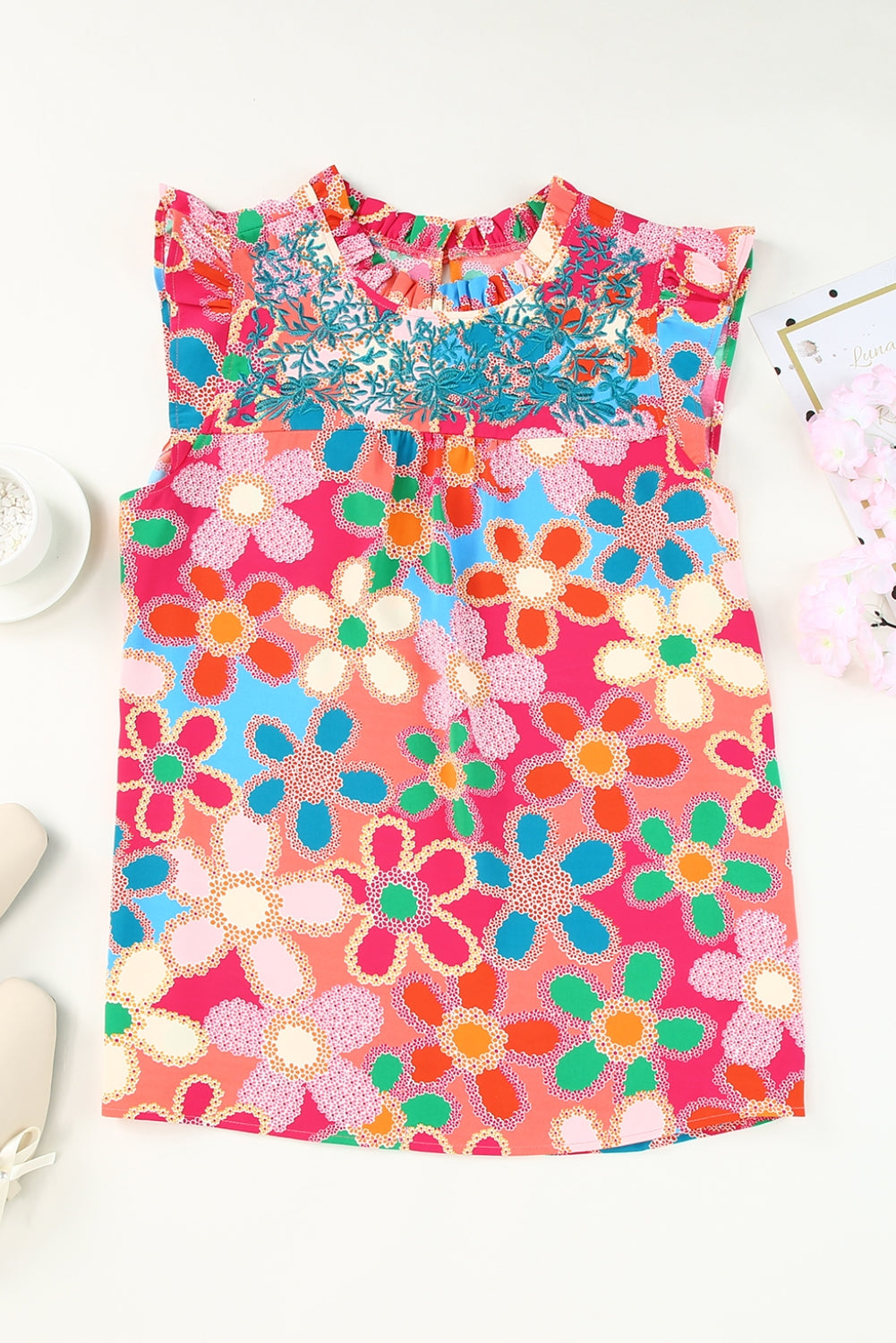 Purple Boho Flower Print Puff Short Sleeve Top