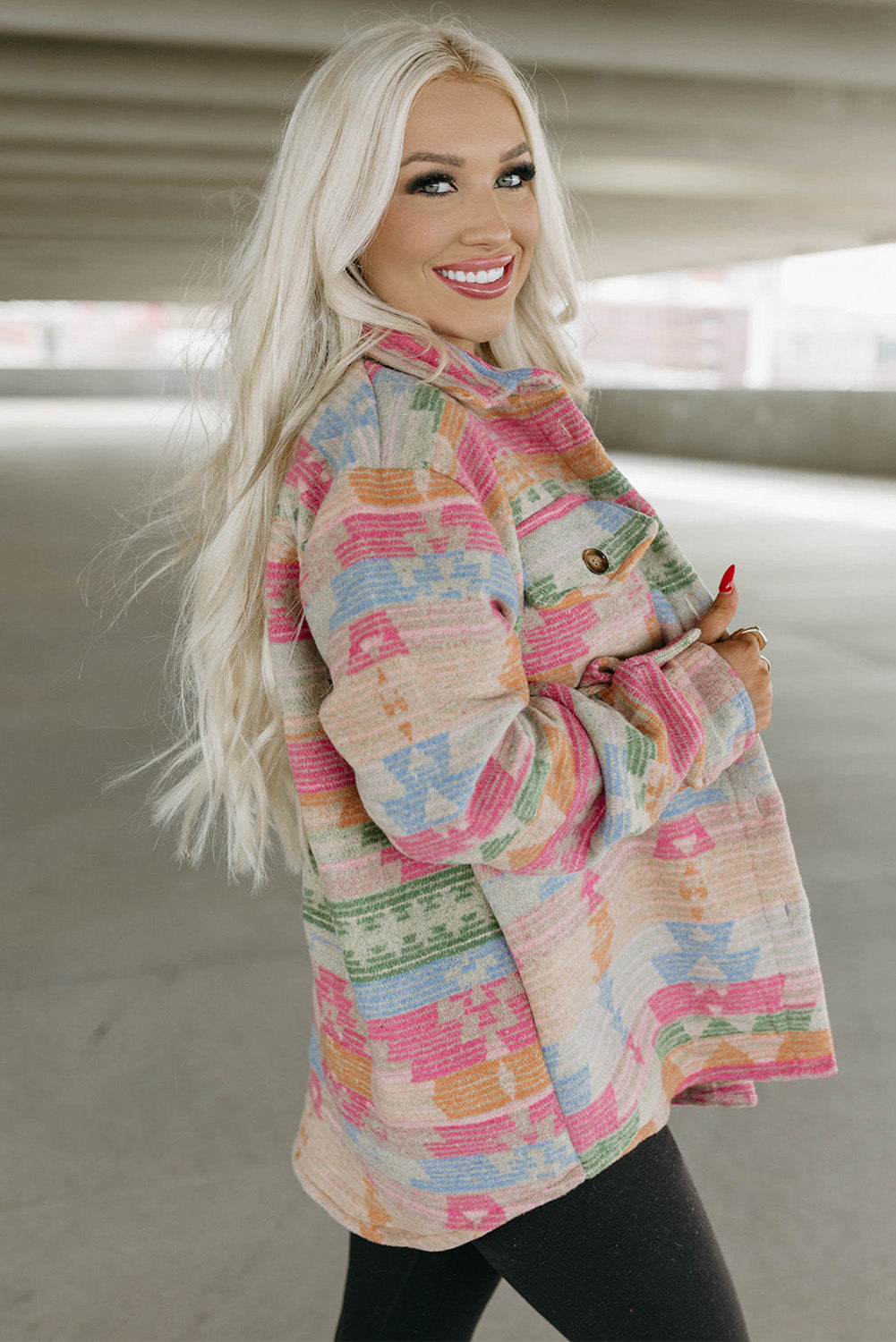 Multicolor Western Aztec Print Button Flap Pocket Shacket