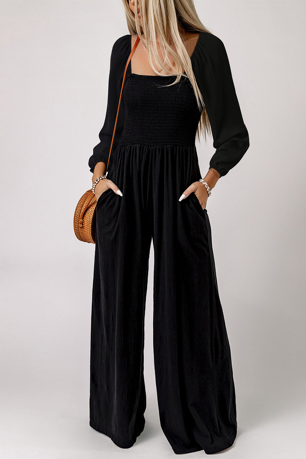 Black Smocked Sleeveless Wide Leg Jumpsuit with Pockets