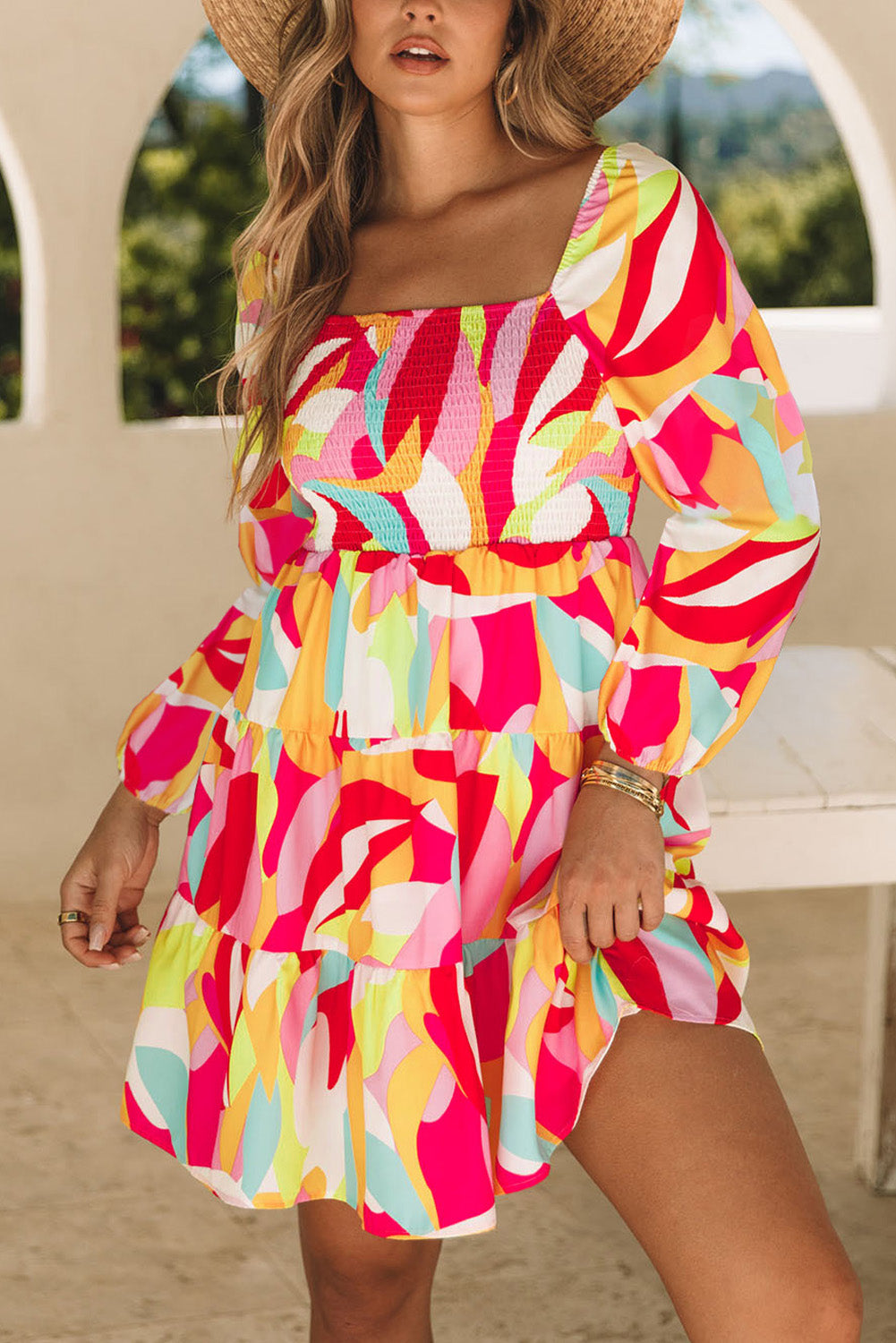 Multicolor Geometric Print Smocked Babydoll Mini Dress