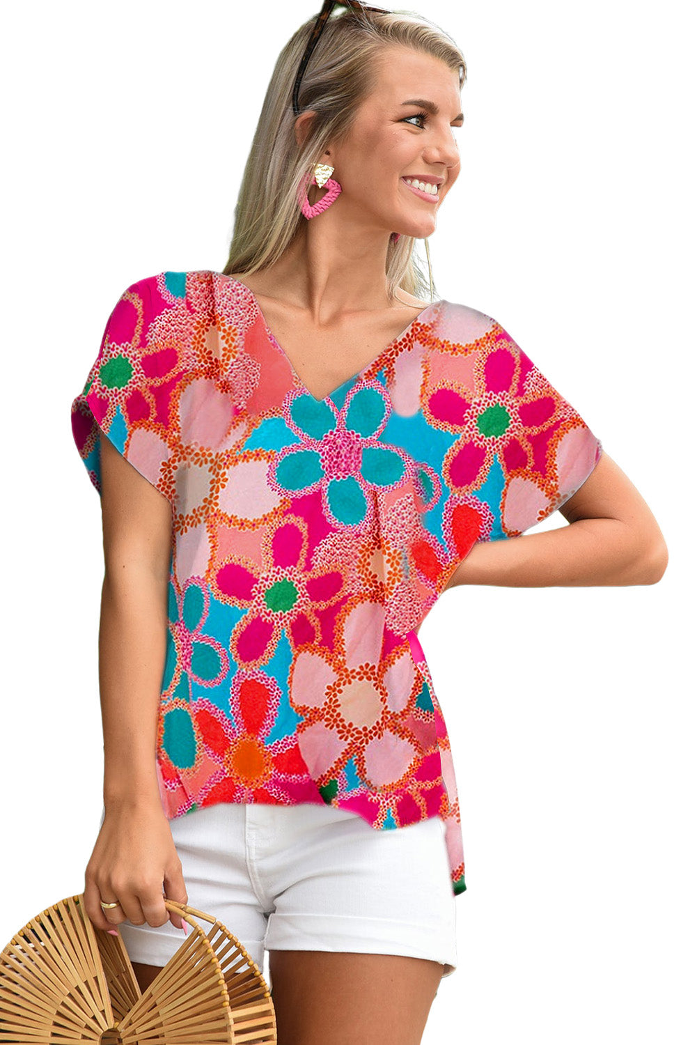 Purple Boho Flower Print Puff Short Sleeve Top