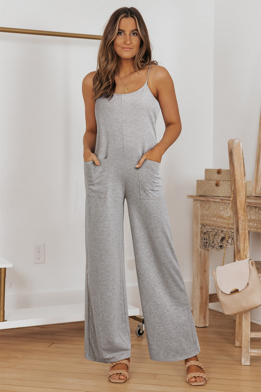 Black Loose Fit Side Pockets Spaghetti Strap Wide Leg Jumpsuit