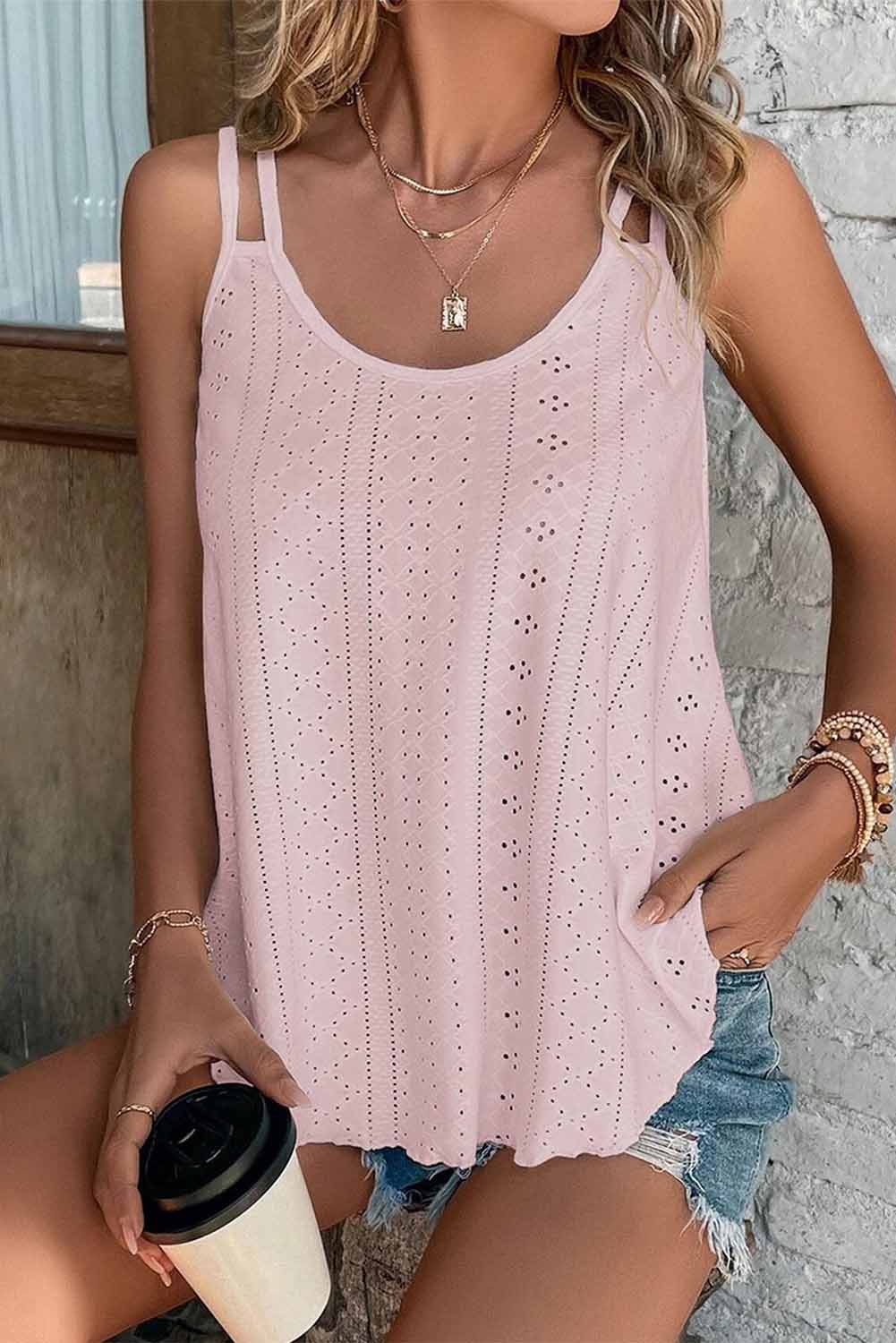 Black Eyelet Strappy Scoop-Neck Tank Top