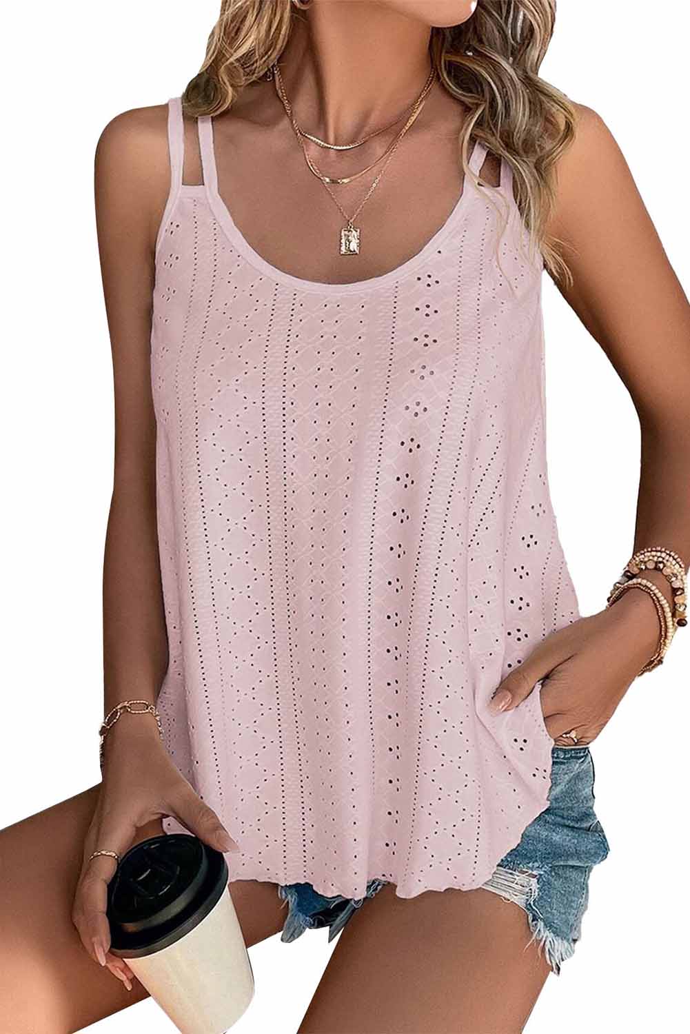 Black Eyelet Strappy Scoop-Neck Tank Top