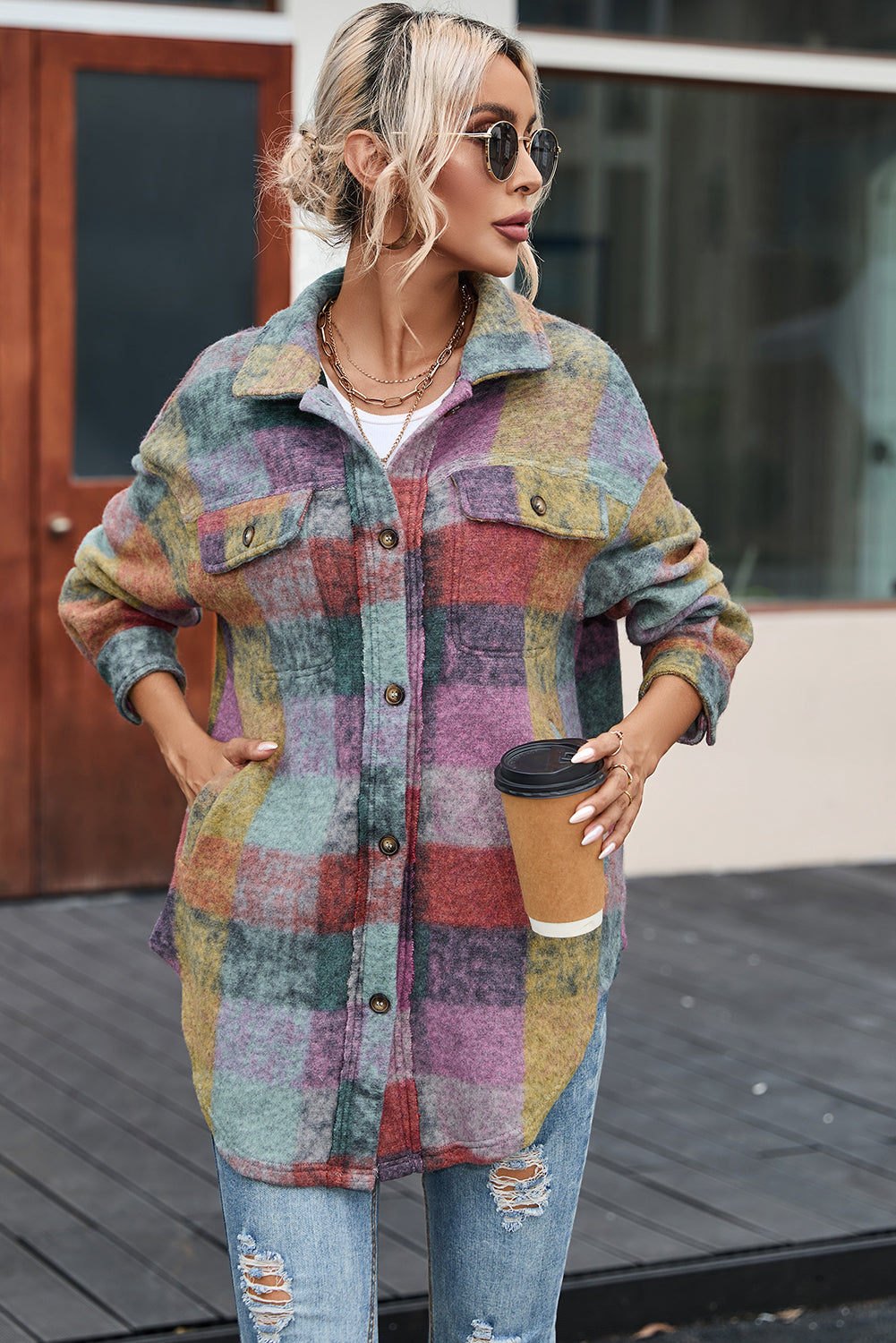 Multicolor Brushed Checked Western Buttoned Jacket