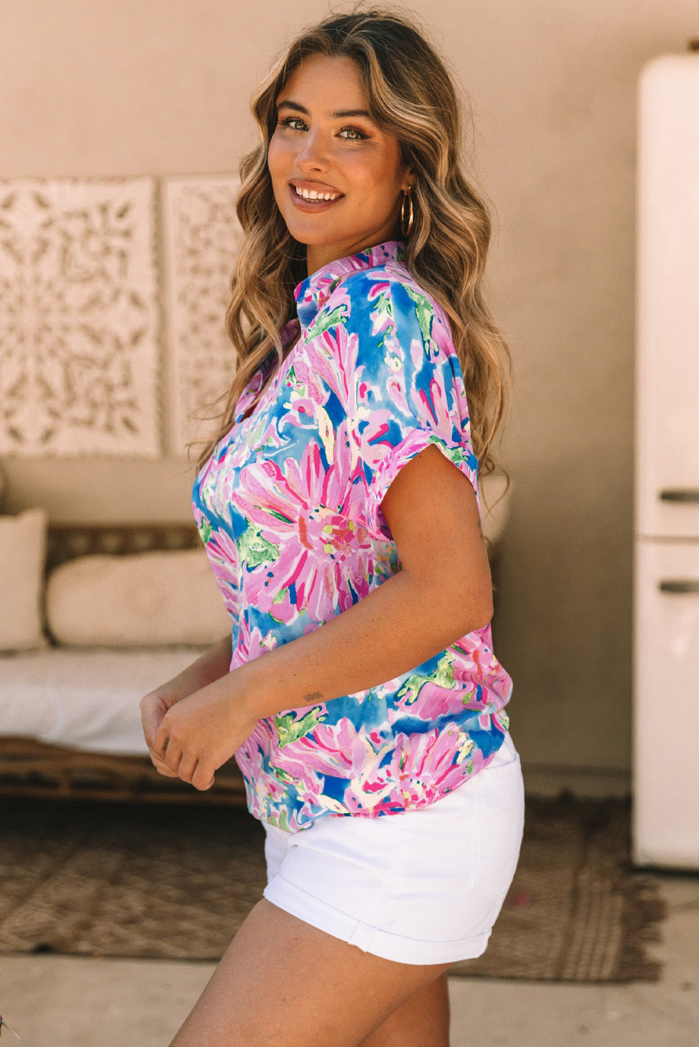 Pink Floral Print Loose Fit V Neck T Shirt