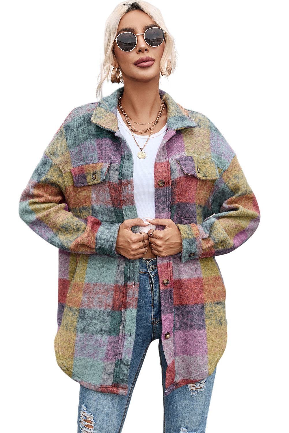 Multicolor Brushed Checked Western Buttoned Jacket