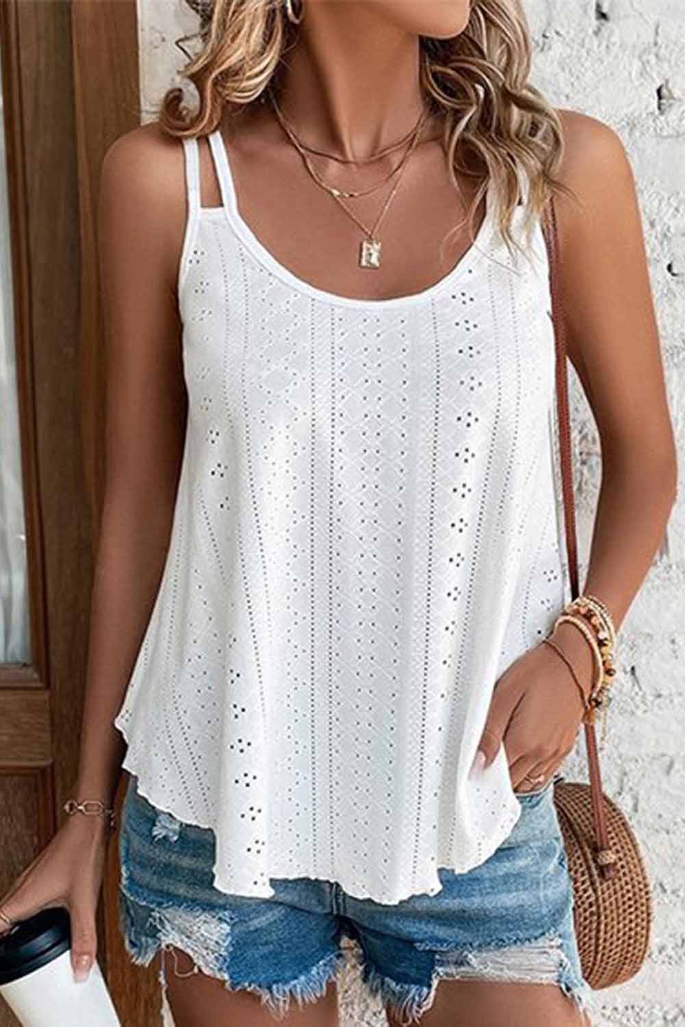 Black Eyelet Strappy Scoop-Neck Tank Top