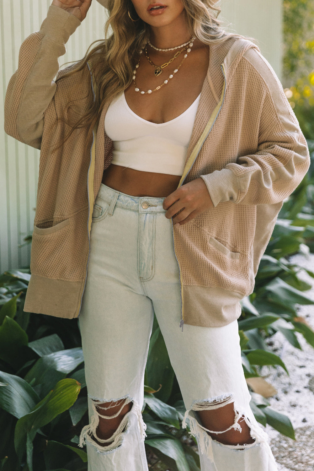 Khaki Thermal Waffle Knit Full Zipper Hooded Jacket